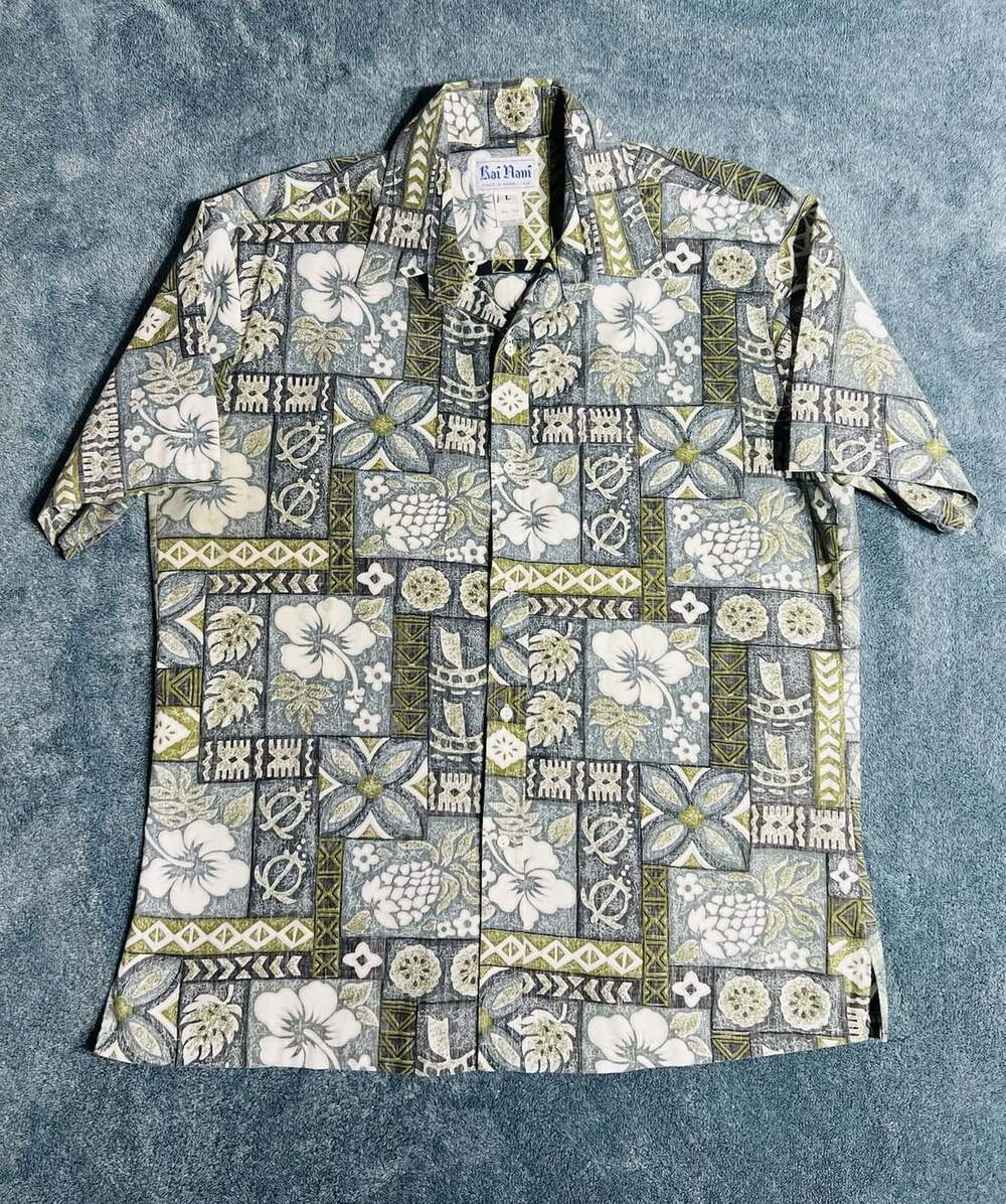 Vintage Kai Nani Hawaiian Shirt Men’s Large Gray Green Tiki Aloha Made in Hawaii